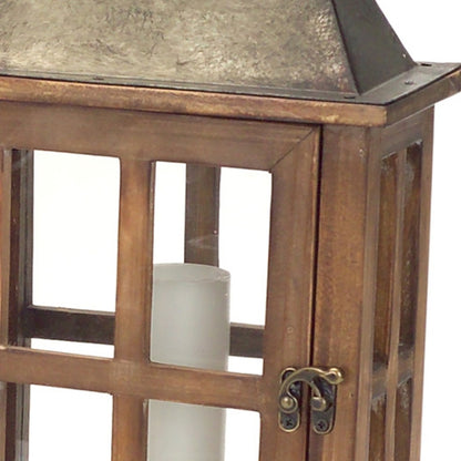 Set of Two Brown and Silver Wood and Metal Geometric Floor Lantern Candle Holders