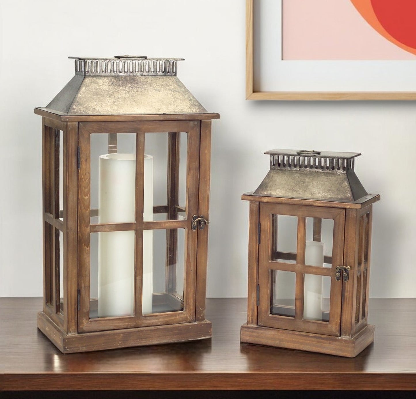 Set of Two Brown and Silver Wood and Metal Geometric Floor Lantern Candle Holders