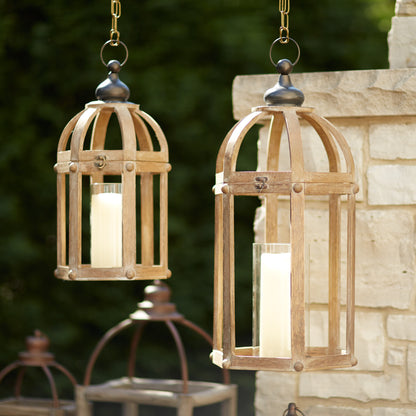 Set of Two Brown Wood and Glass Floor Lantern Candle Holders