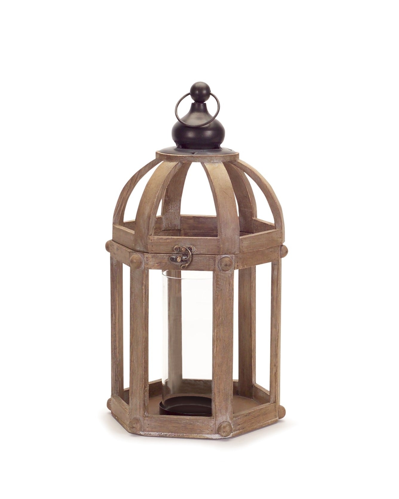 Set of Two Brown Wood and Glass Floor Lantern Candle Holders