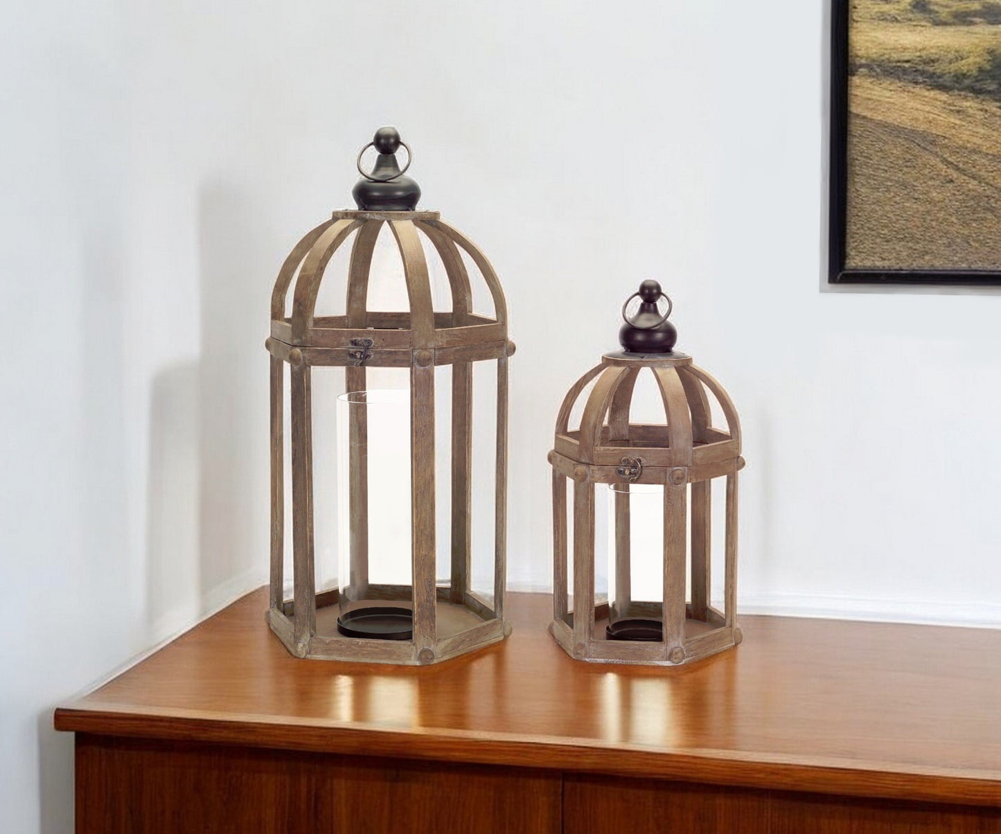 Set of Two Brown Wood and Glass Floor Lantern Candle Holders