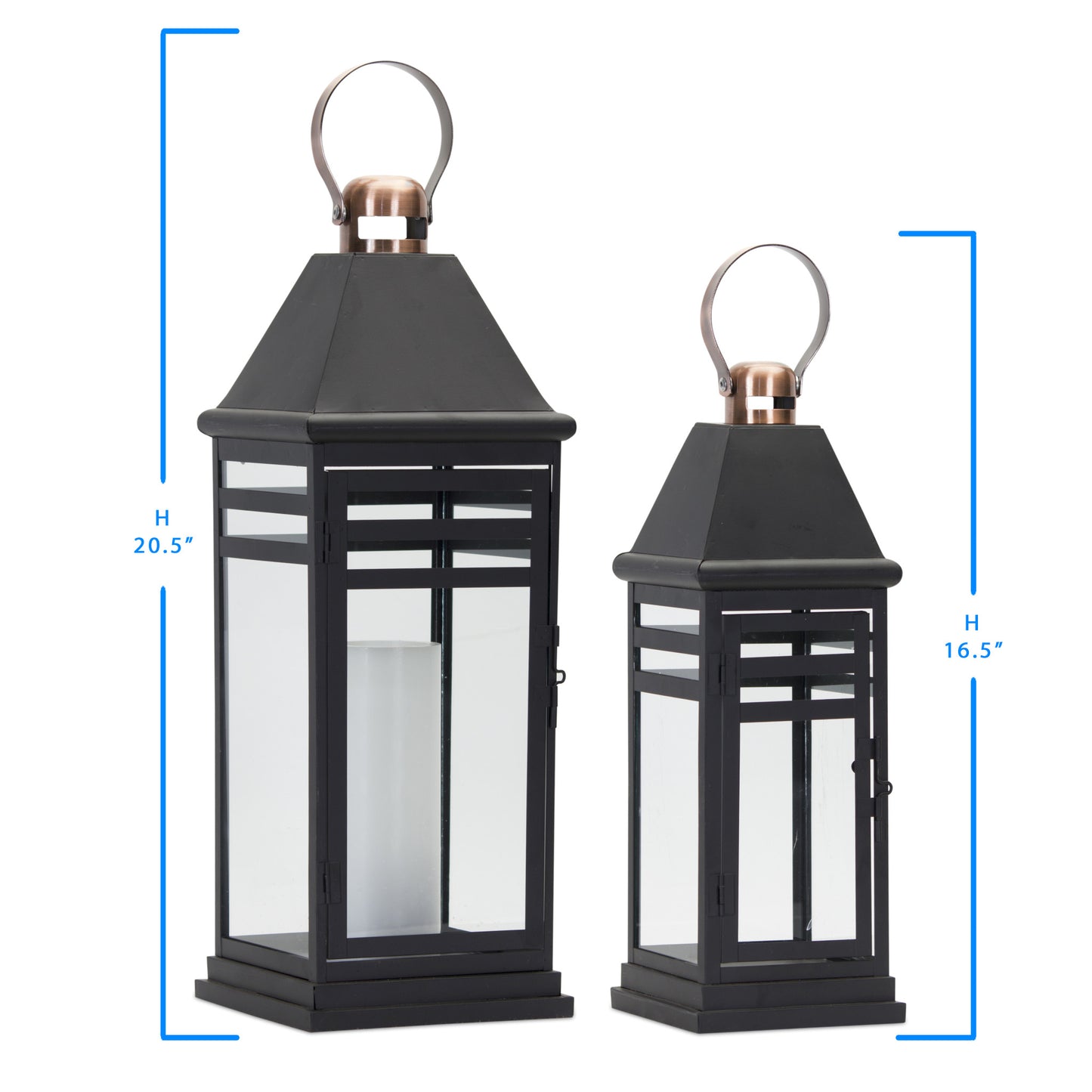 Set of Two Black and Gold Glass and Metal Floor Lantern Candle Holders