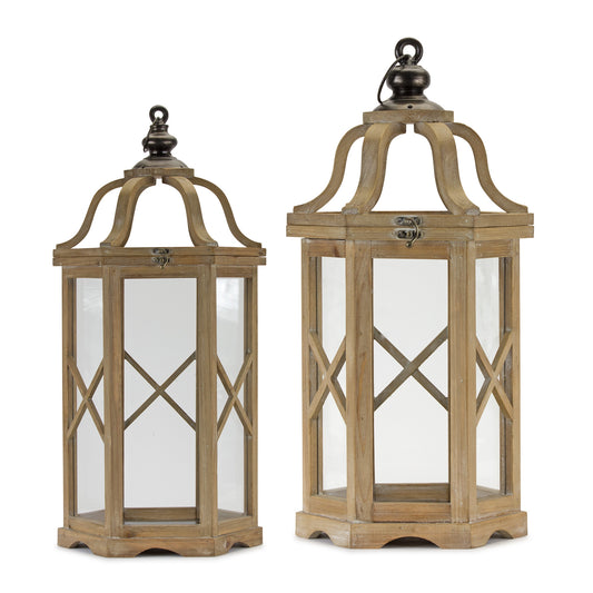 Set of Two Natural and Brown Wood and Metal Geometric Floor Lantern Candle Holders