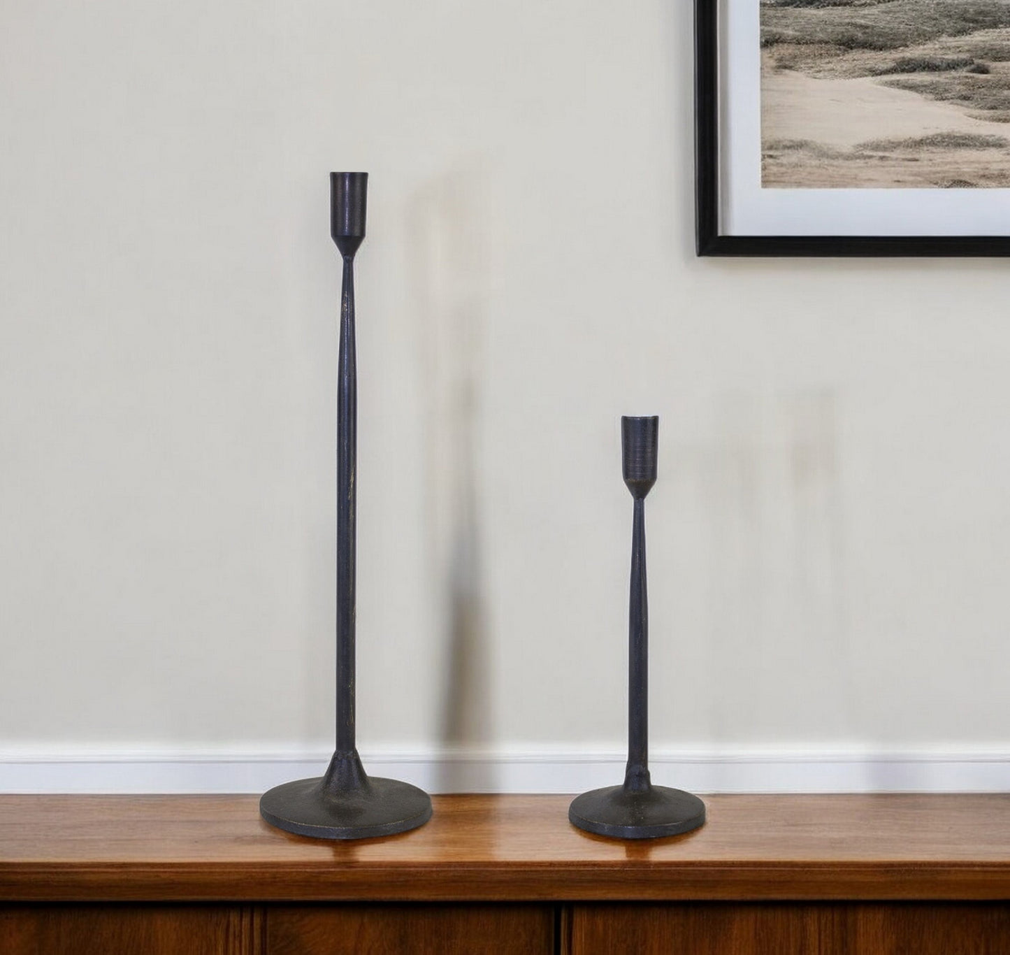 Set of Two Black Metal Tabletop Taper Candle Holders