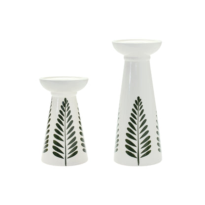 Set of Two Green and White Ceramic Botanical Leaf Tabletop Pillar Candle Holders