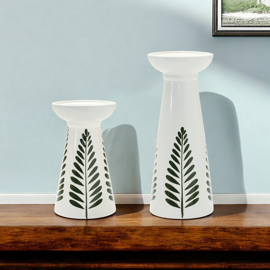 Set of Two Green and White Ceramic Botanical Leaf Tabletop Pillar Candle Holders