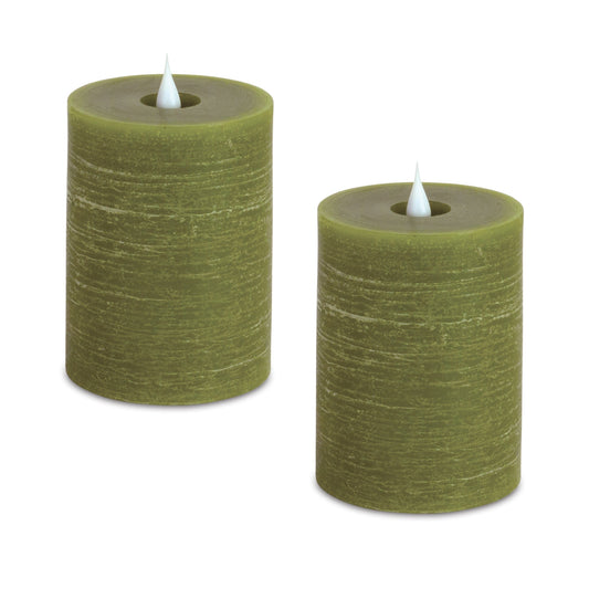 Set of Two Green Flameless Pillar Candle