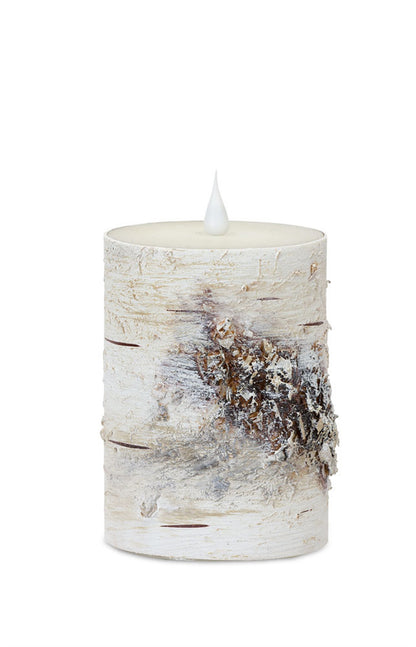 Set of Two Beige and Ivory Faux Birchwood Flameless Pillar Candle