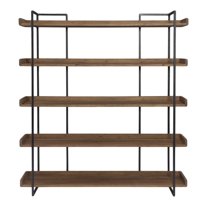 76" Brown and Black Metal and Wood Five Tier Bookcase