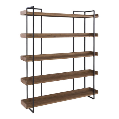 76" Brown and Black Metal and Wood Five Tier Bookcase