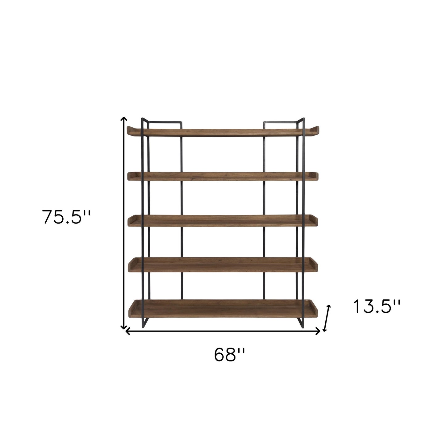 76" Brown and Black Metal and Wood Five Tier Bookcase