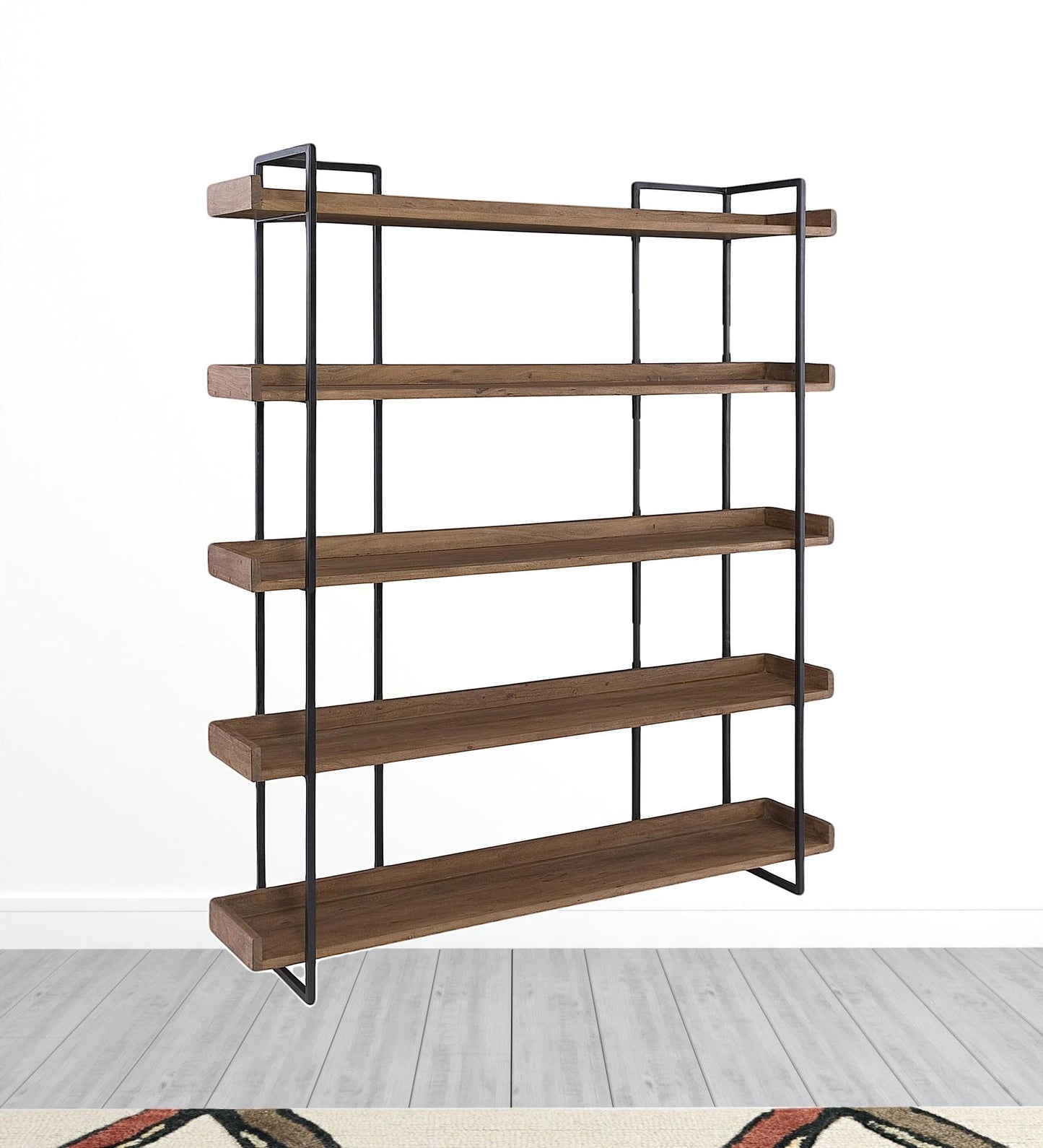 76" Brown and Black Metal and Wood Five Tier Bookcase