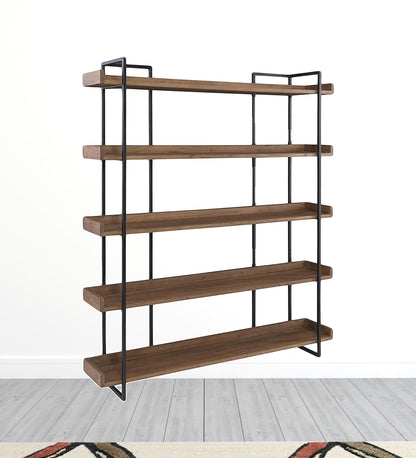 76" Brown and Black Metal and Wood Five Tier Bookcase