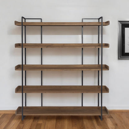 76" Brown and Black Metal and Wood Five Tier Bookcase