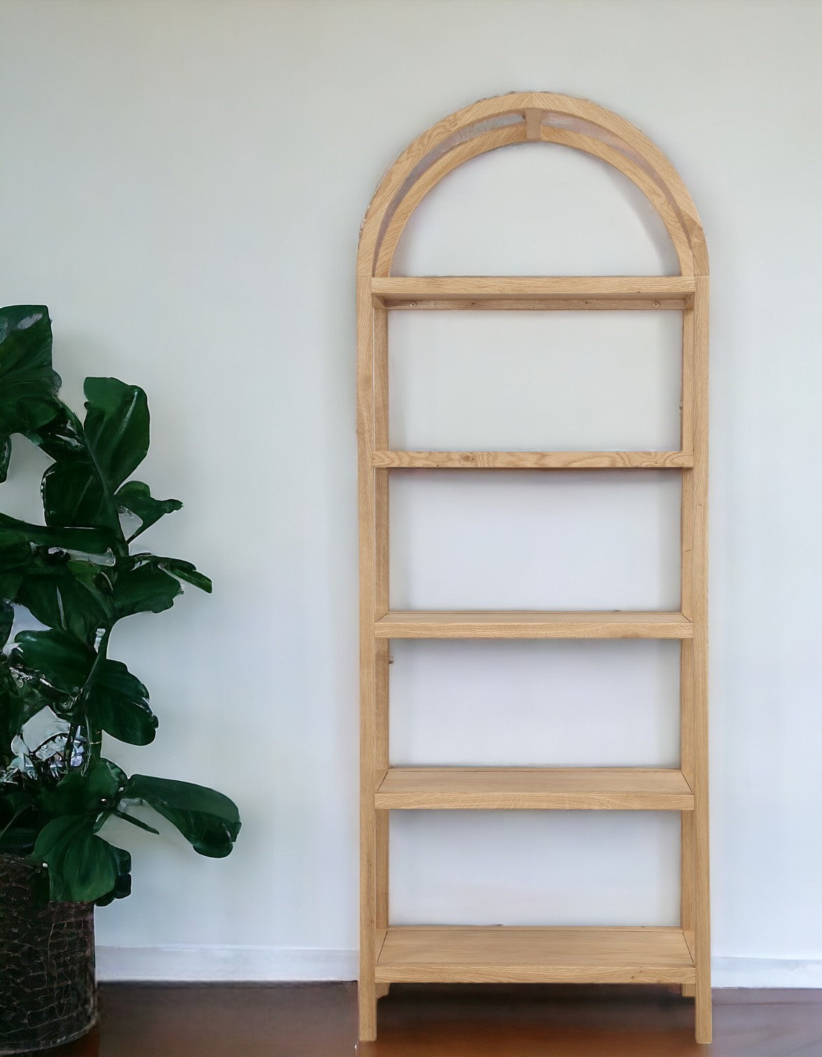 80" Natural Wood Five Tier Arched Top Bookcase