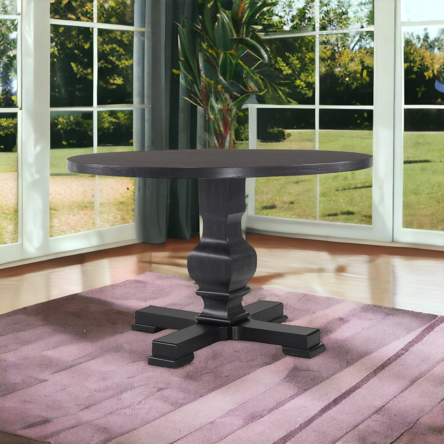 47" Black Rounded Solid Wood Pedestal Base Dining Table