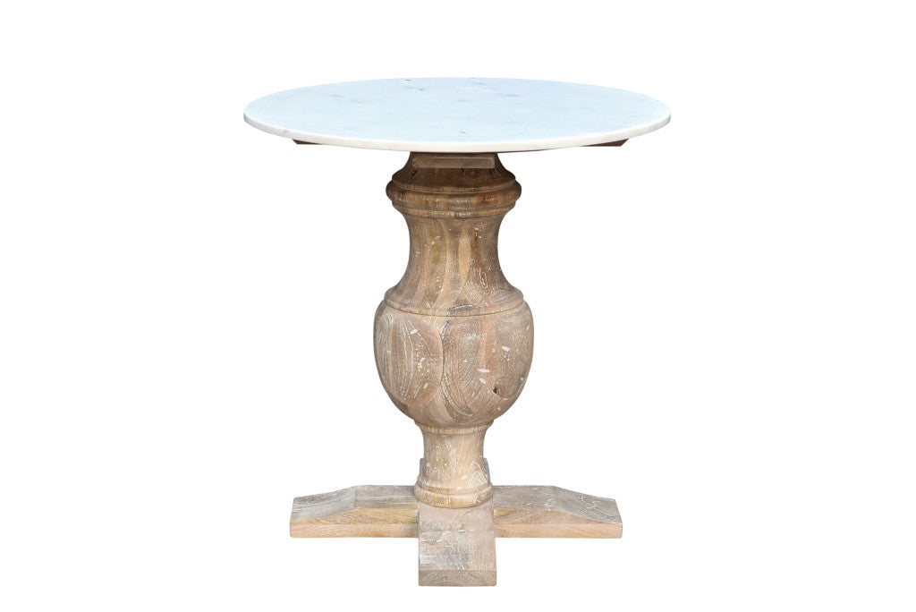 26" Brown Marble And Solid Wood Round End Table