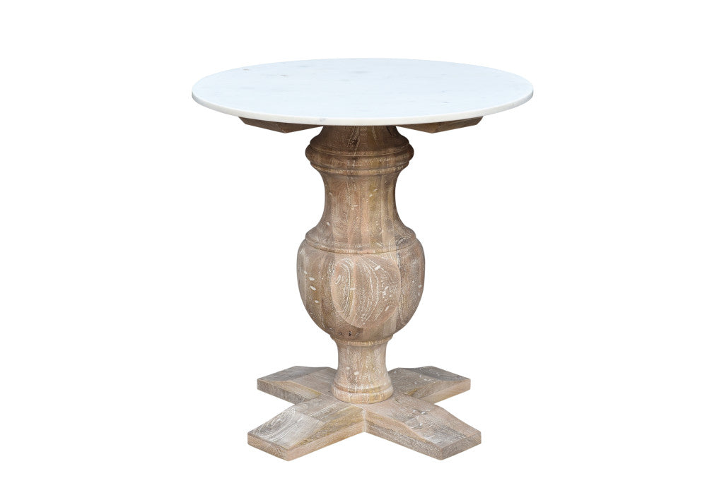 26" Brown Marble And Solid Wood Round End Table