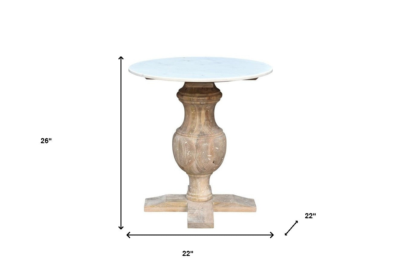 26" Brown Marble And Solid Wood Round End Table