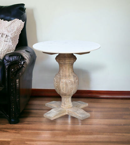 26" Brown Marble And Solid Wood Round End Table