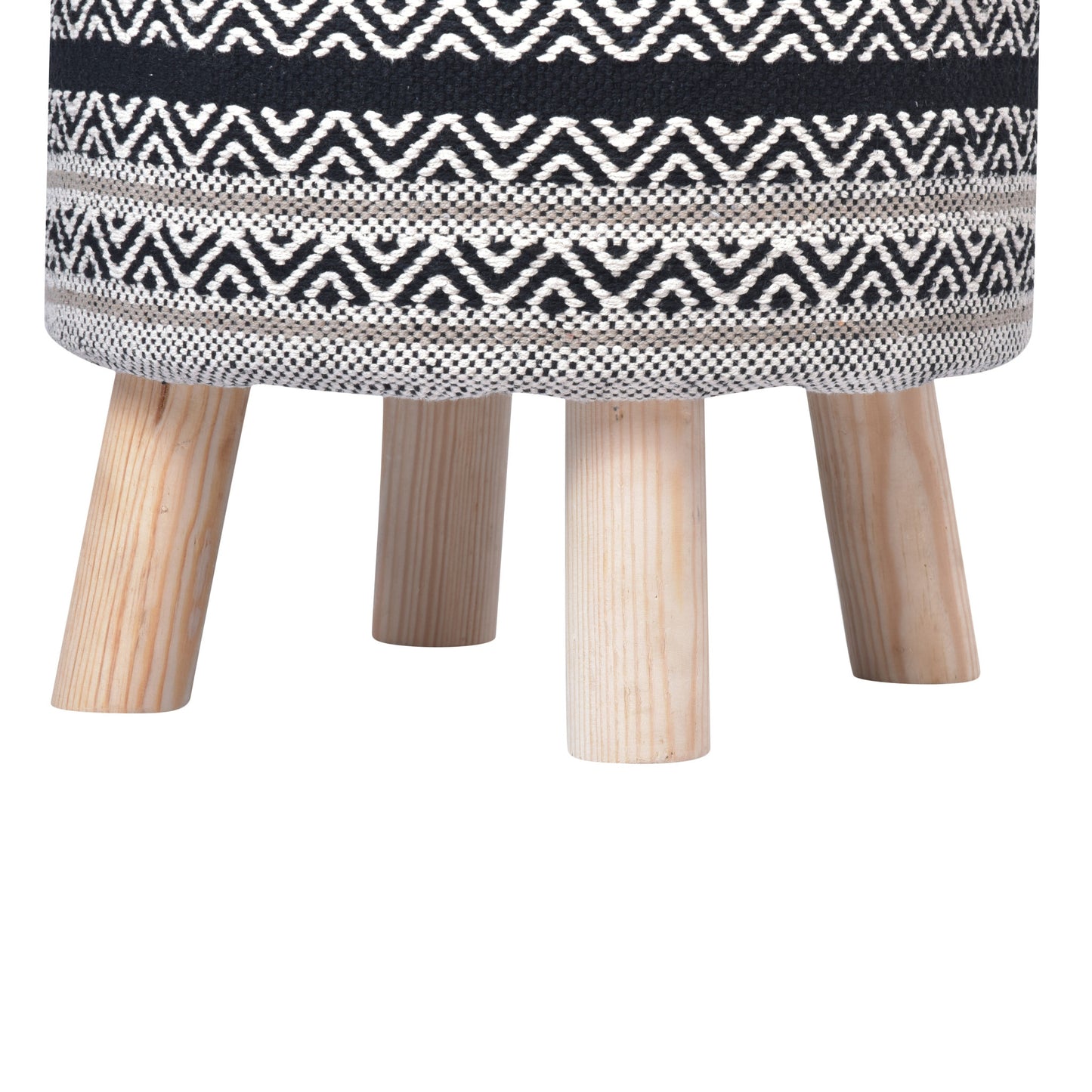 16" Black And White Cotton And Natural Round Chevron Ottoman