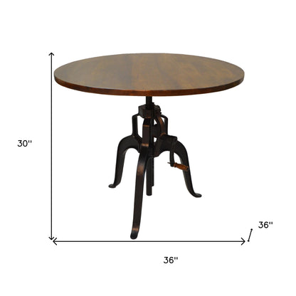 36" Brown And Gold Rounded Solid Wood And Iron Pedestal Base Dining Table