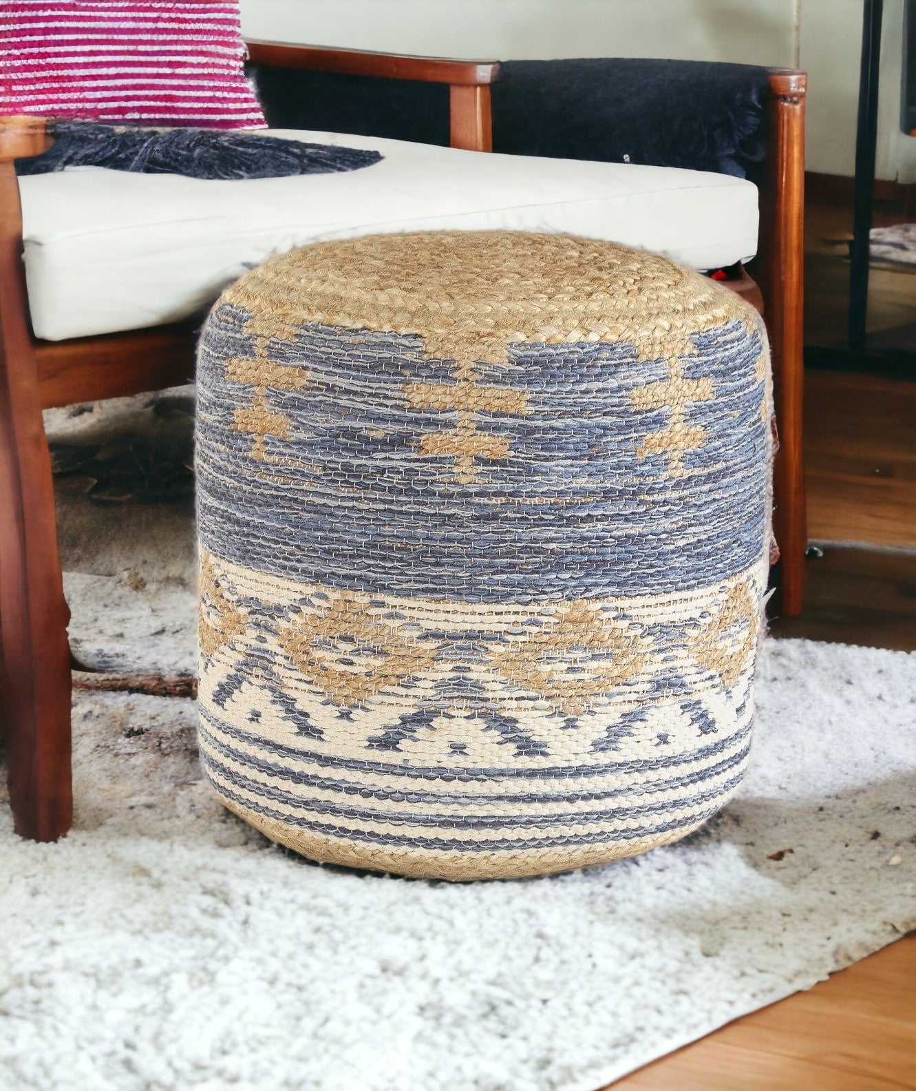 18" Blue Jute Ottoman