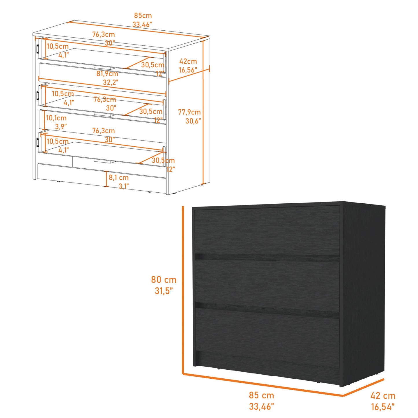 33" Black Manufactured Wood Three Drawer No Handles Dresser