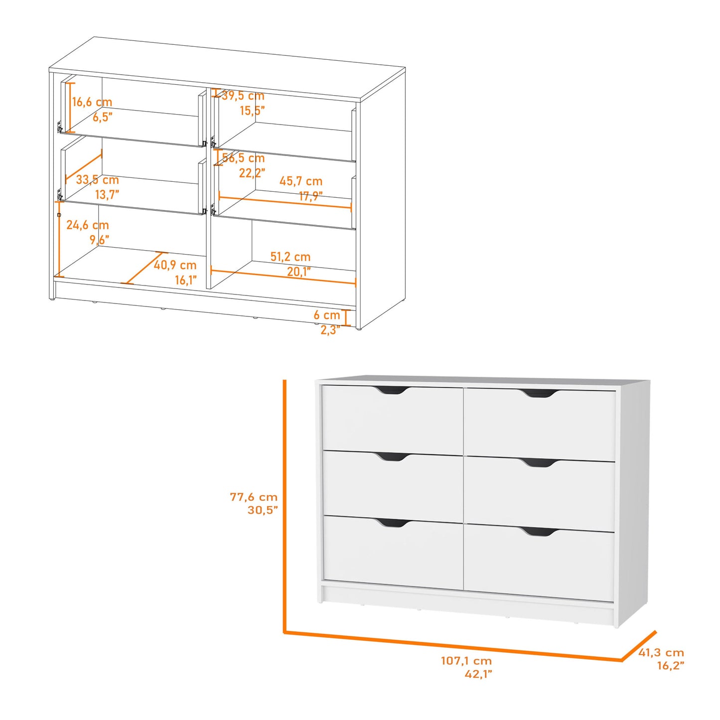 42" White Manufactured Wood Six Drawer Modern Dresser