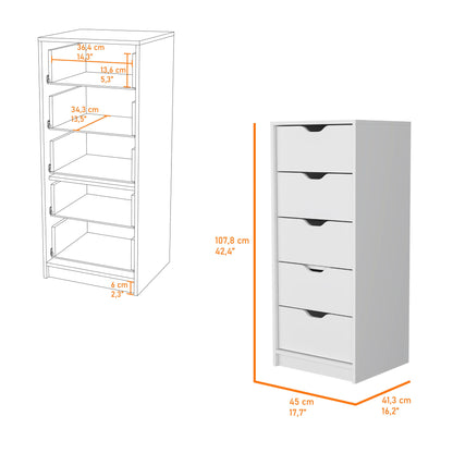 18" White Manufactured Wood Five Drawer Narrow Dresser