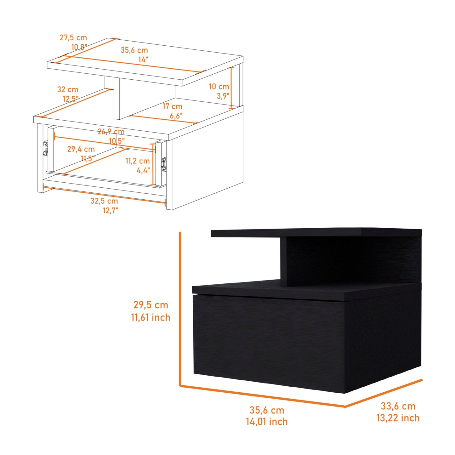 12" Black One Drawer Nightstand With Integrated Tech