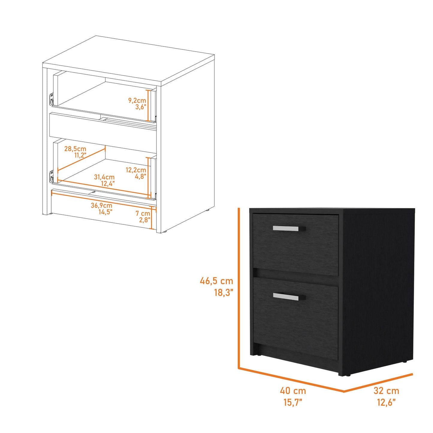 19" Black Two Drawer Nightstand With Integrated Tech