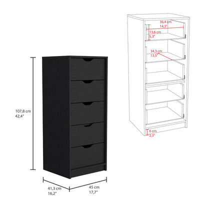 18" Black Charcoal Manufactured Wood Five Drawer Tall and Narrow Dresser