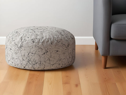 24" Beige Cotton Round Abstract Pouf Ottoman