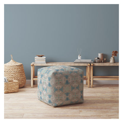 17" Blue Cotton Ikat Pouf Ottoman