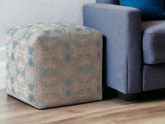 17" Blue Cotton Ikat Pouf Ottoman