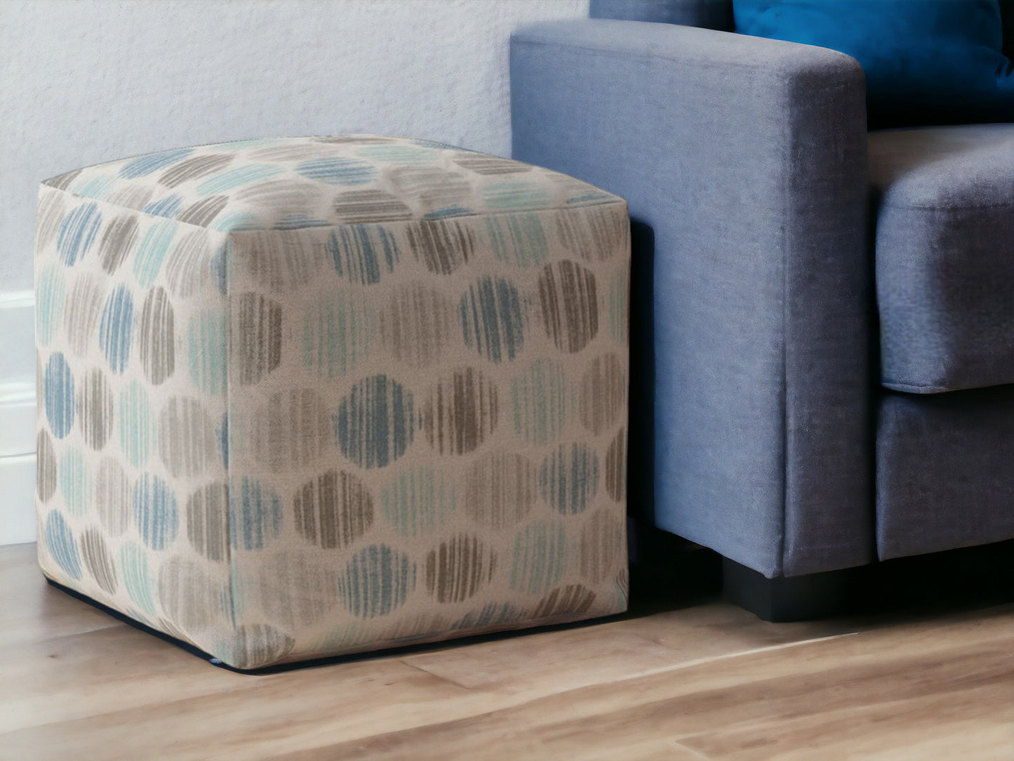 17" Blue Cotton Polka Dots Pouf Ottoman