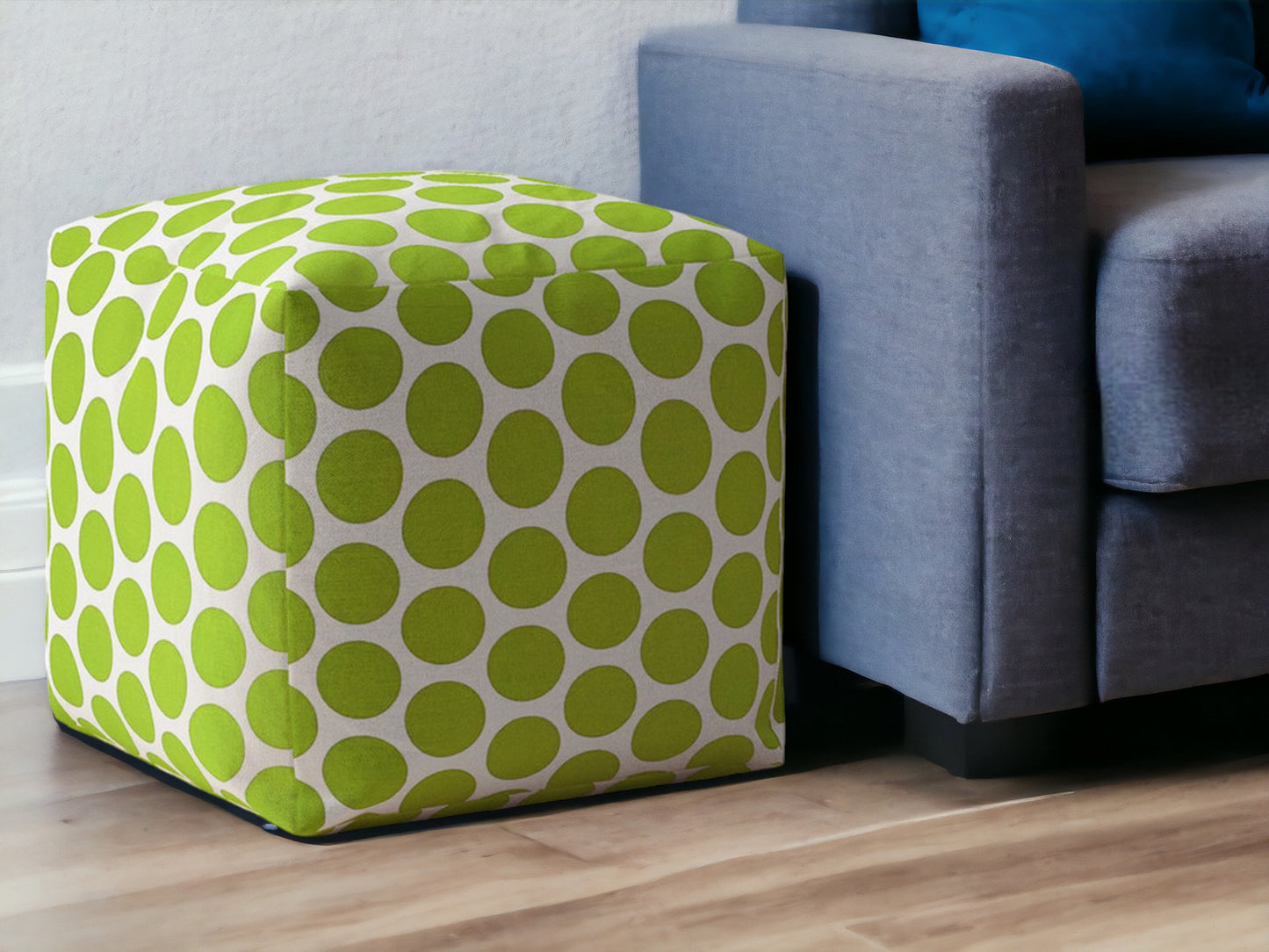 17" Green and White Cotton Polka Dots Pouf Ottoman