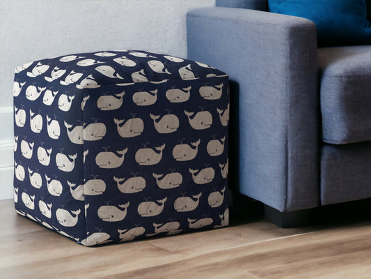 17" Blue and White Twill Animal Print Pouf Ottoman