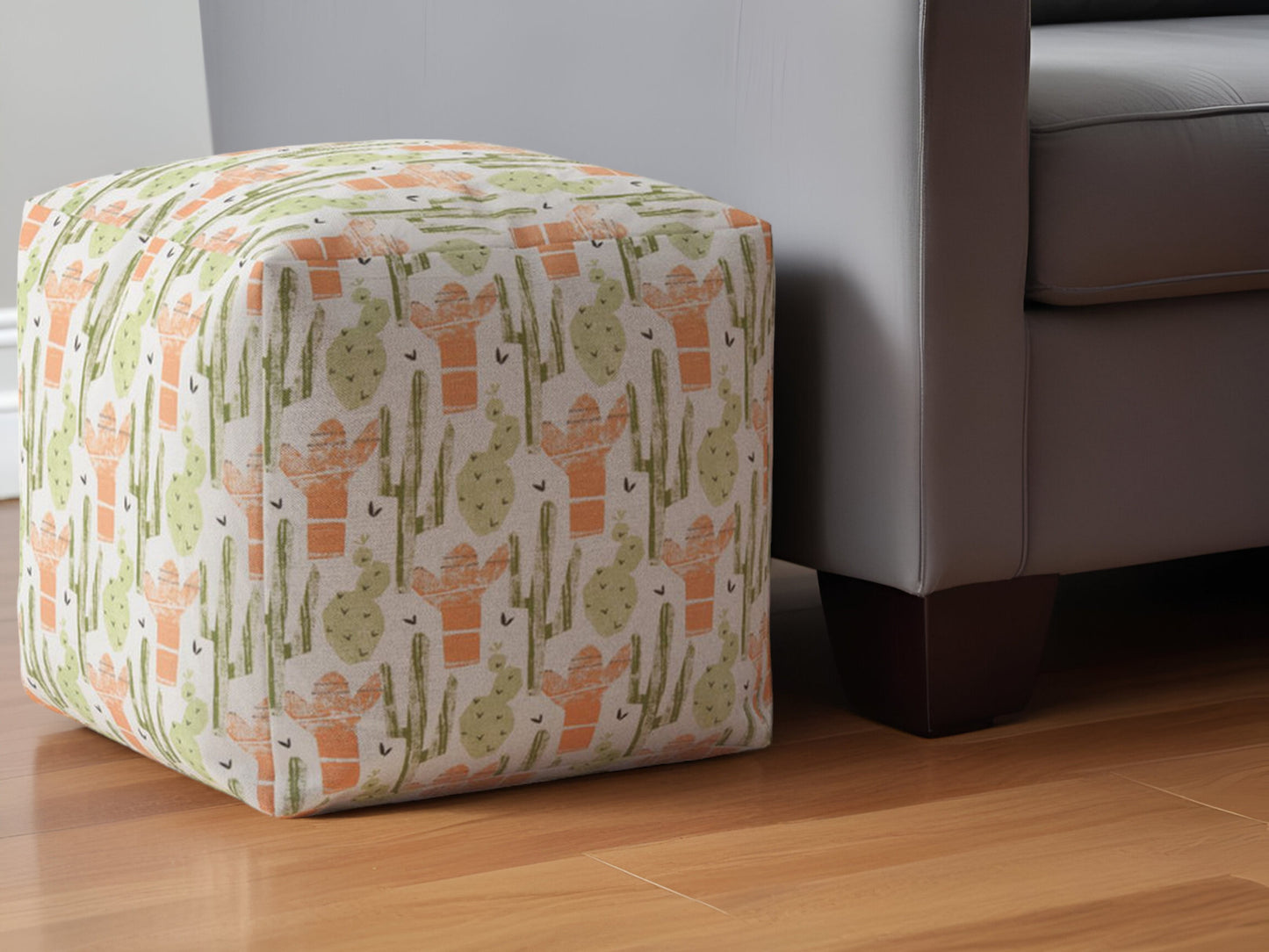 17" Orange Cotton Cactus Pouf Ottoman