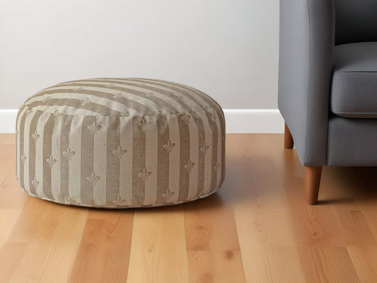 24" Taupe Cotton Round Floral Pouf Ottoman