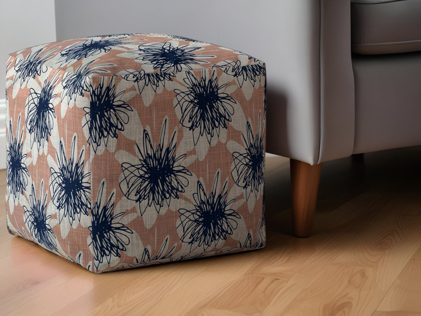 17" Pink and Blue Canvas Floral Pouf Ottoman