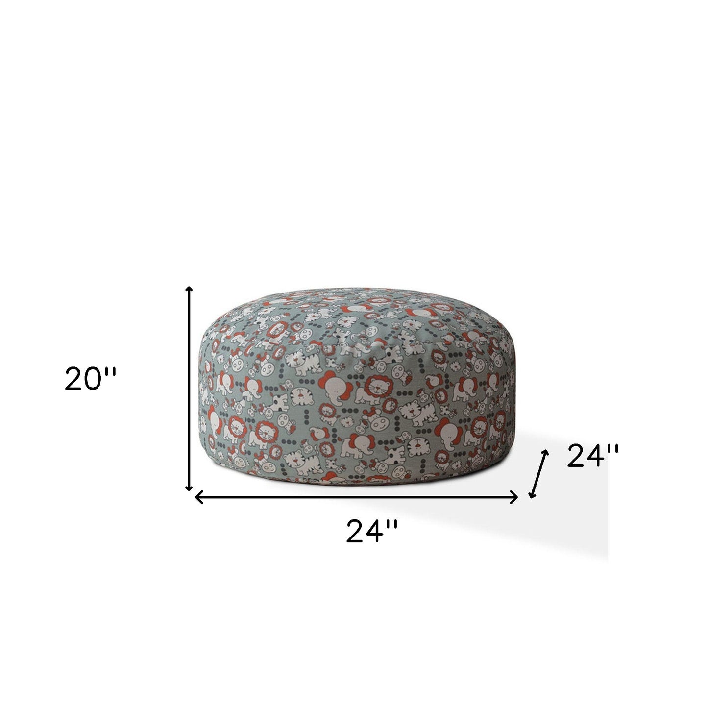 24" Gray and White Cotton Round Animal Print Pouf Ottoman