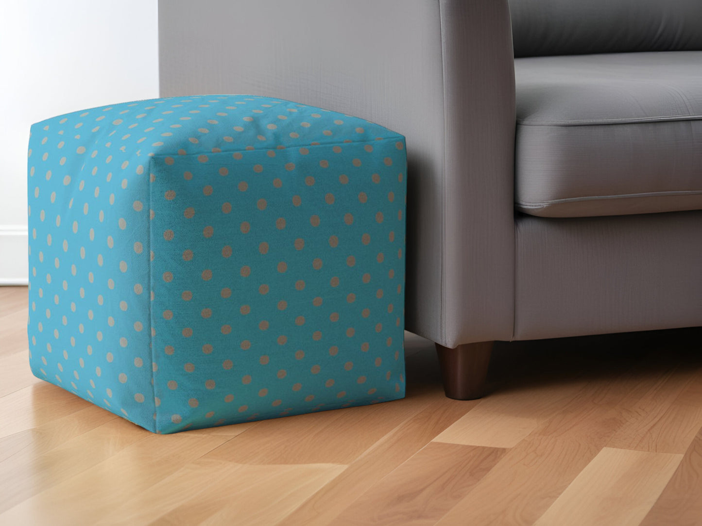 17" Blue Cotton Polka Dots Pouf Ottoman