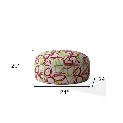 24" Red and White Cotton Round Abstract Pouf Ottoman