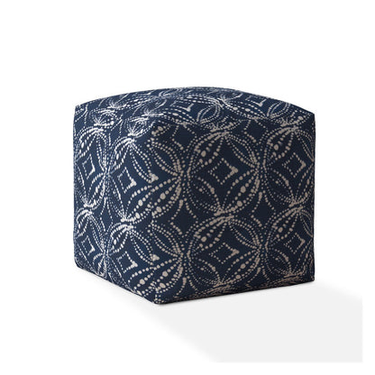 17" Blue and White Canvas Damask Pouf Ottoman