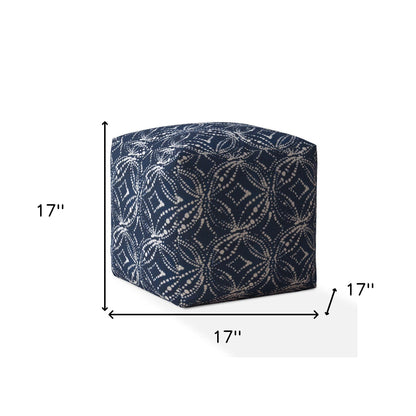 17" Blue and White Canvas Damask Pouf Ottoman