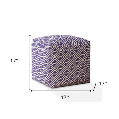 17" Purple and White Cotton Damask Pouf Ottoman