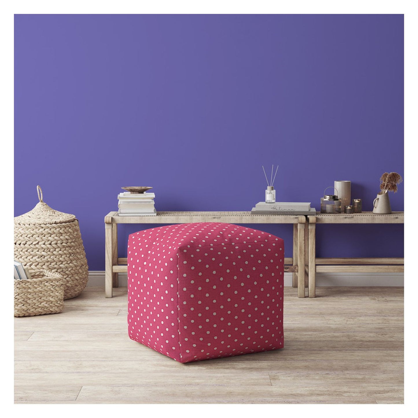 17" Pink And White Cotton Polka Dots Pouf Cover