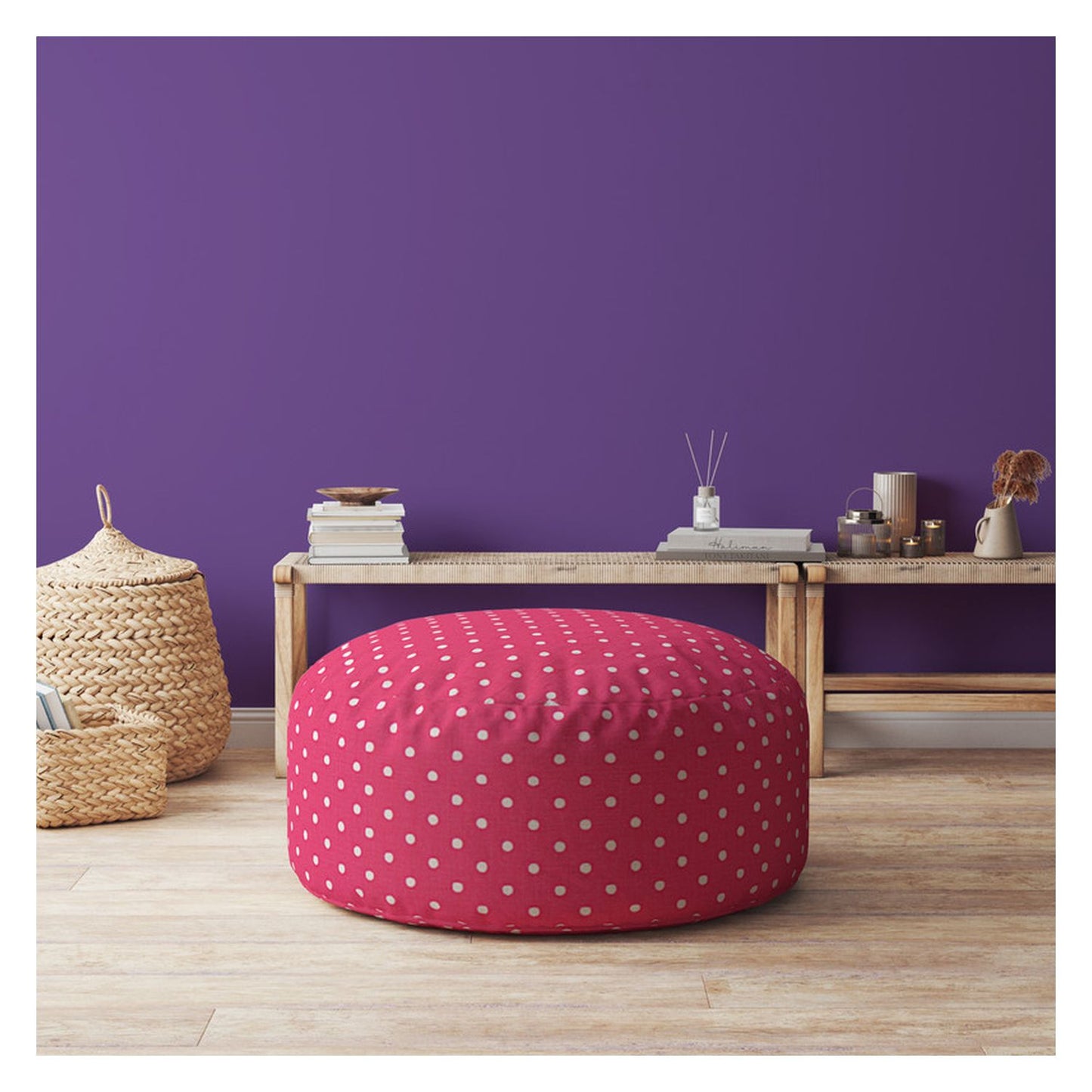 24" Pink And White Cotton Round Polka Dots Pouf Cover